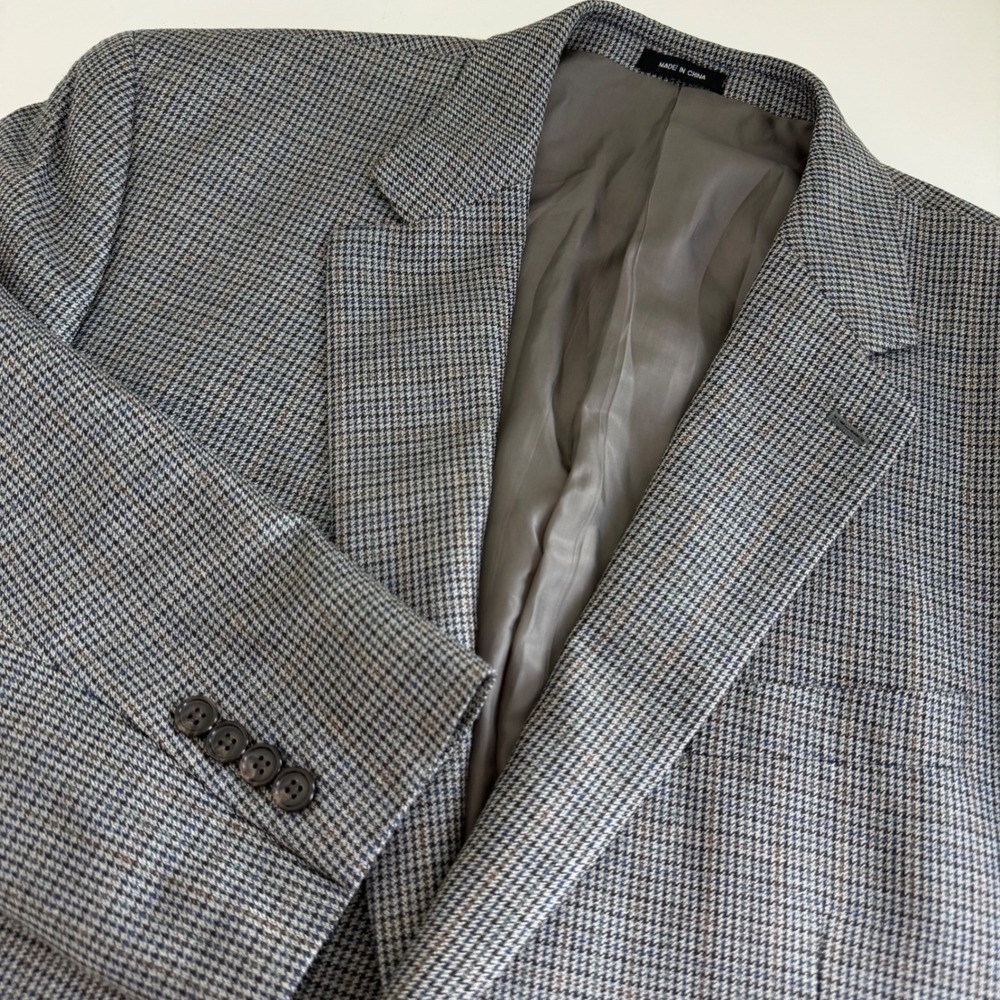 Lauren Ralph Lauren Silk Wool Houndstooth Blazer Grey Blue 48R Sport Coat
